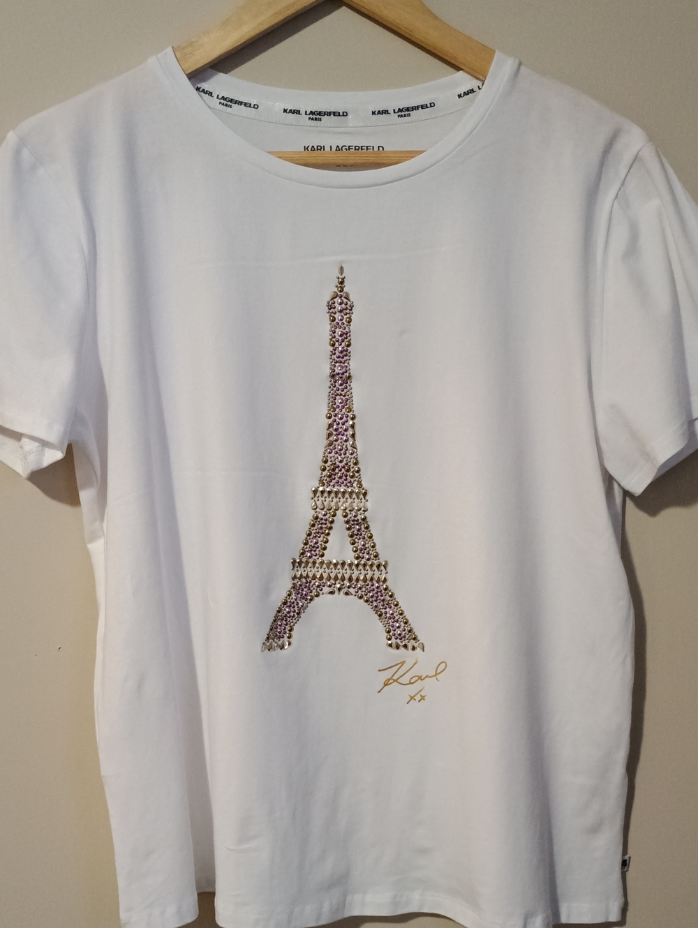 Karl Lagerfeld Kids White Tee with Pink and Gold Jeweled Eiffel Tower